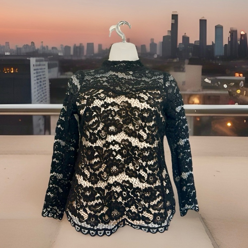 ALYX Petite Long Sleeve Lace Mock Neck Blouse EUC